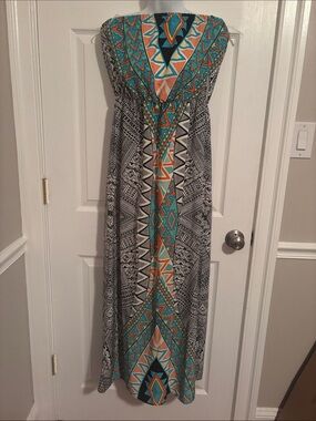 Bohemian Geo-Print Maxi Dress in Teal and Orange